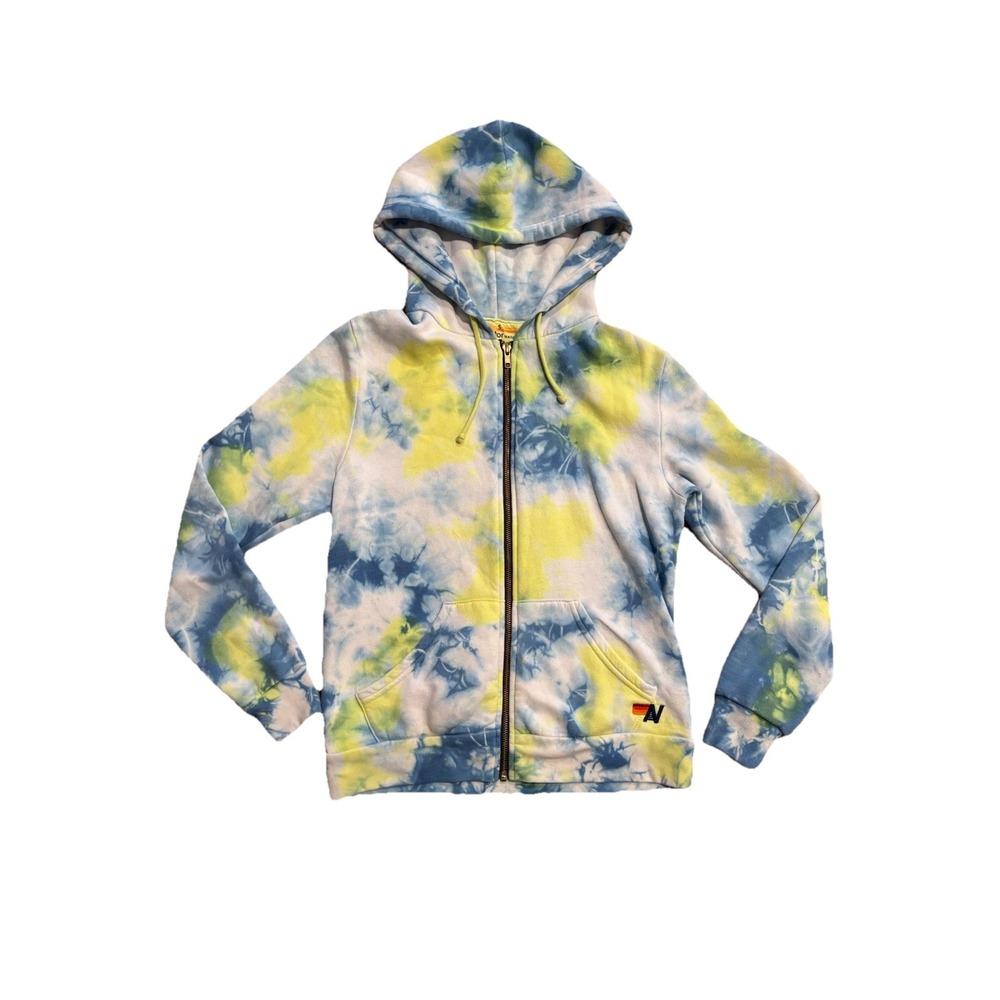 Aviator Nation Zip Hoodie Womens Small Tie Dye Neon Yellow Light Blue White USA